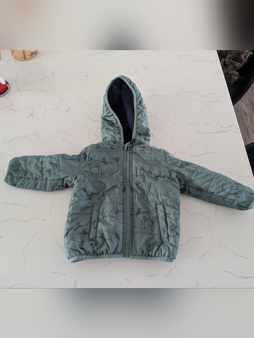 Kids' Green Hooded Puffer Jacket with Animal Print